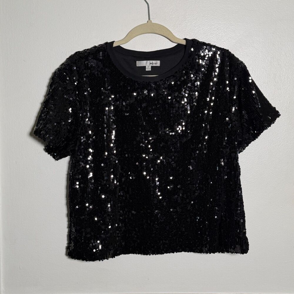 WD NY Sequin Top Women's L Black Short Sleeve Sparkle Party Holiday